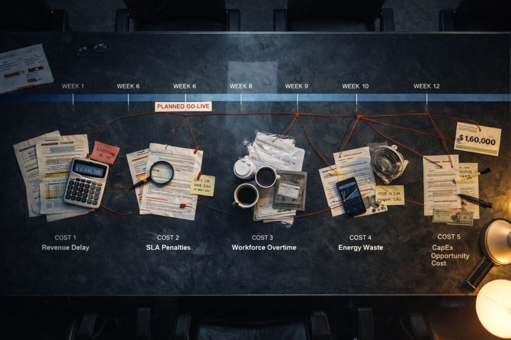 Top-down view of a conference table showing five clusters of documents, calculations, and notes connected by red string, representing the five hidden costs of slow data center deployment: revenue delay, SLA penalties, workforce overtime, energy waste, and idle CapEx.